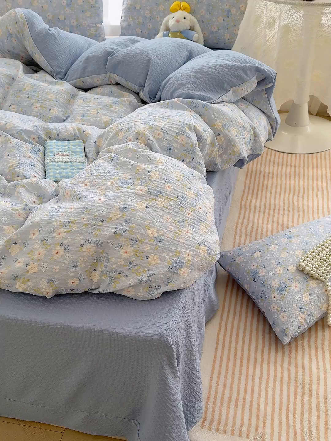 91家纺网 家纺一手货源 找家纺 铺尚美家纺 2026春夏新品高克重A类泡芙纱泡泡皱皱纱四件套 初见一蓝