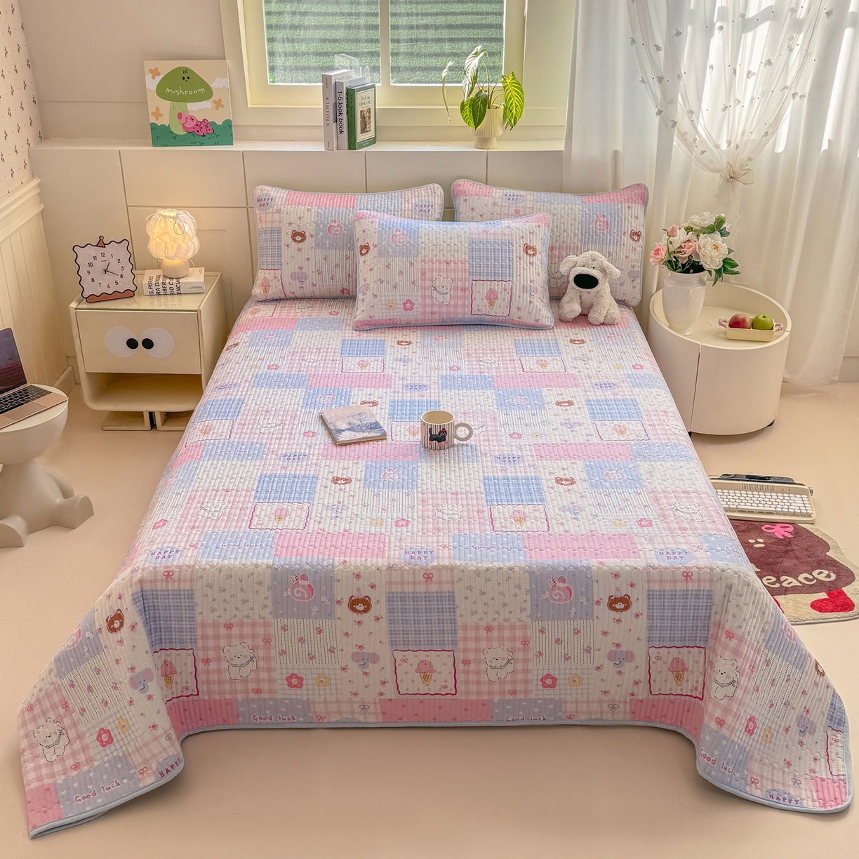 91家纺网 家纺一手货源 找家纺 康纳利 2026新款全棉床盖学生夹棉薄款床盖床垫三件套四季通用 萌小福