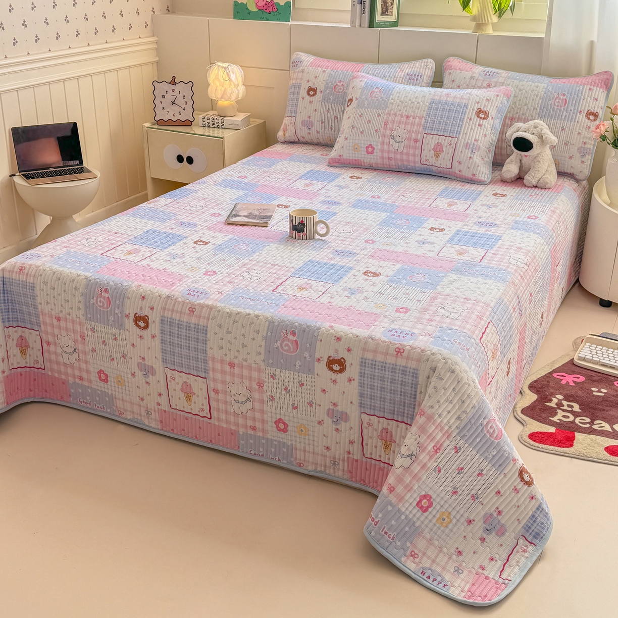 91家纺网 家纺一手货源 找家纺 康纳利 2026新款全棉床盖学生夹棉薄款床盖床垫三件套四季通用 萌小福