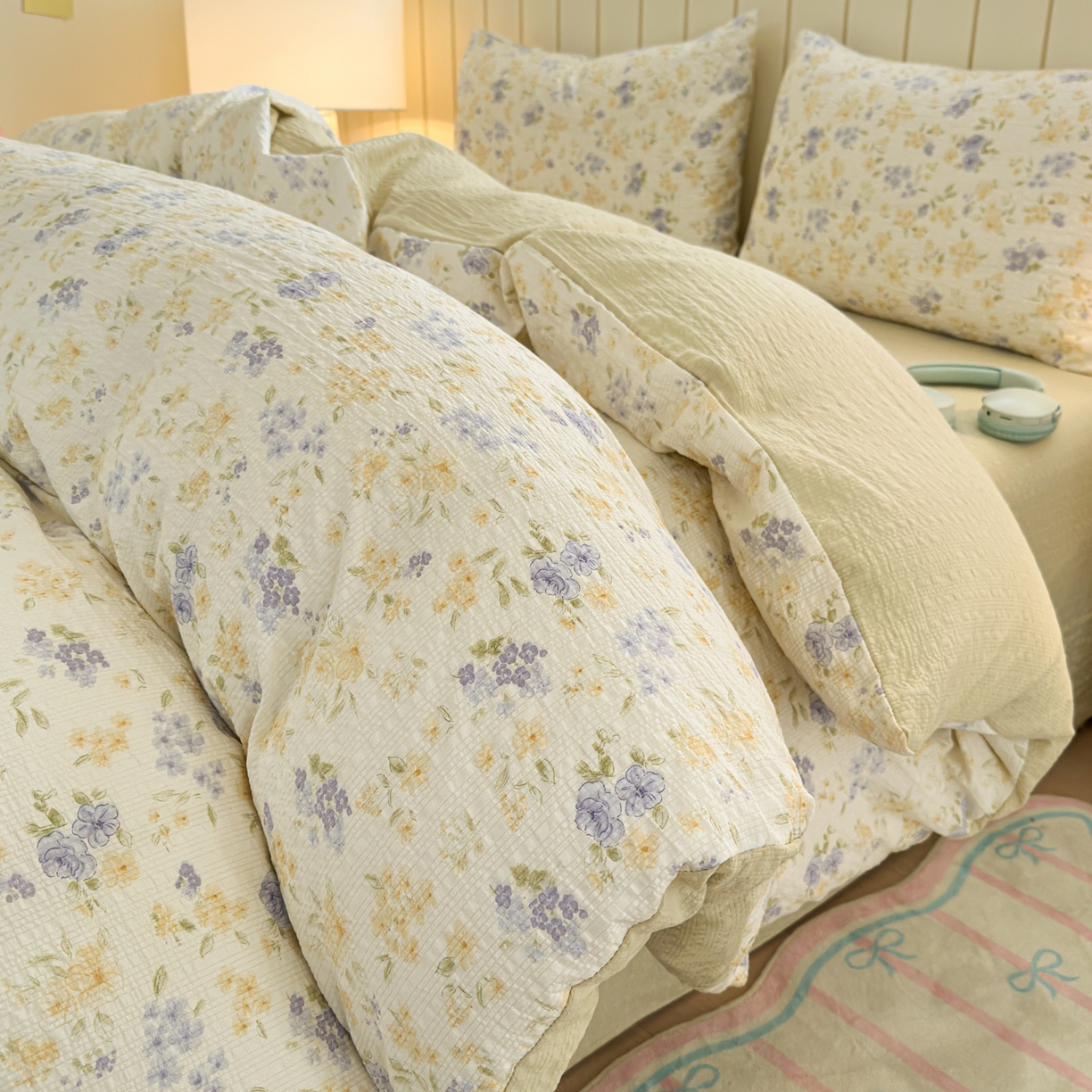 91家纺网 家纺一手货源 找家纺 （总）德比尔斯 2026新款小清新110g高品质直播热卖款A类泡芙棉四件套