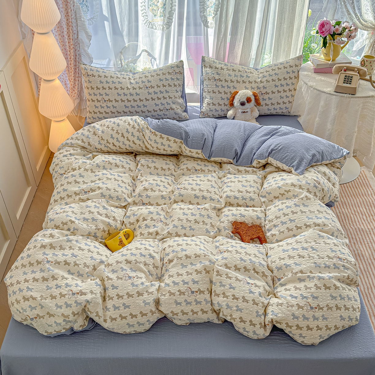 91家纺网 家纺一手货源 找家纺 铺尚美家纺 2026春夏新品高克重A类泡芙纱泡泡皱皱纱四件套 马到成功