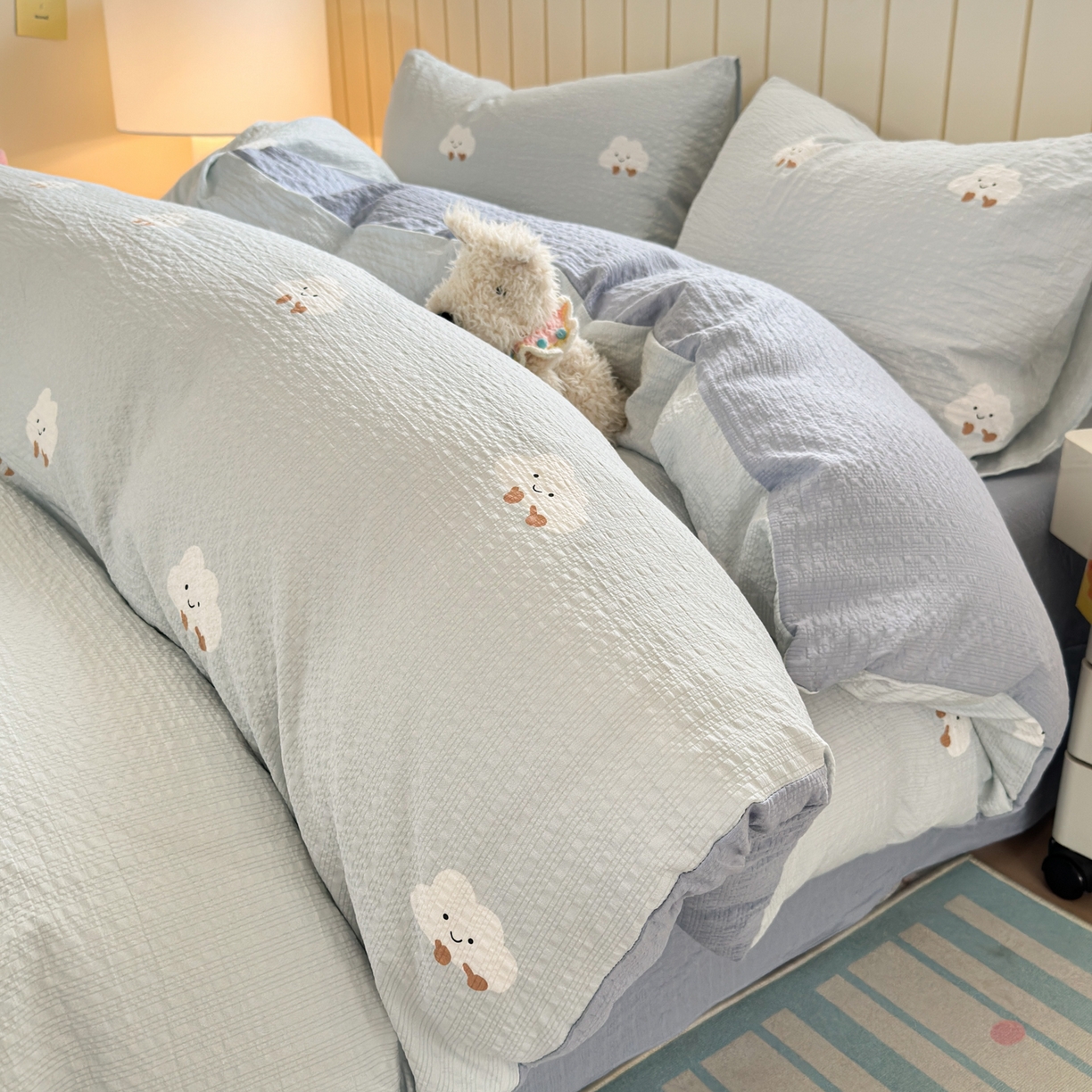 91家纺网 家纺一手货源 找家纺 （总）德比尔斯 2026新款小清新110g高品质直播热卖款A类泡芙棉四件套