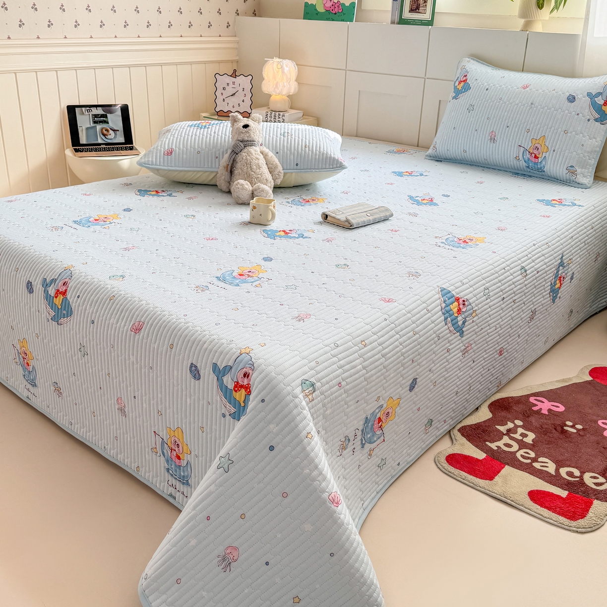 91家纺网 家纺一手货源 找家纺 康纳利 2026新款全棉床盖学生夹棉薄款床盖床垫三件套四季通用 萌小星