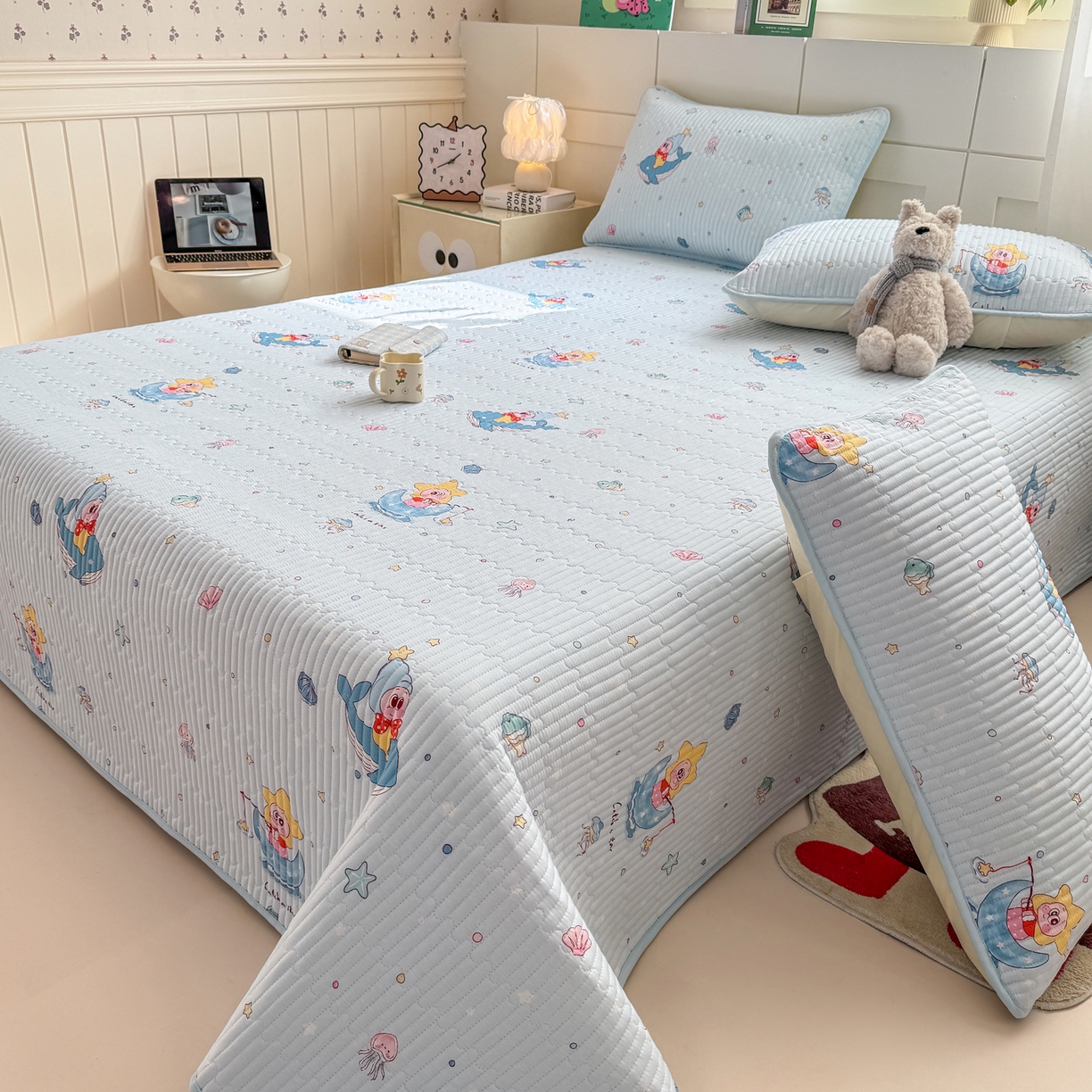 91家纺网 家纺一手货源 找家纺 康纳利 2026新款全棉床盖学生夹棉薄款床盖床垫三件套四季通用 萌小星