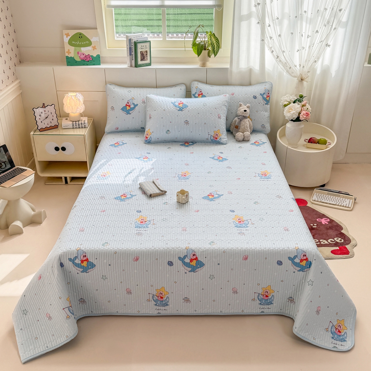 91家纺网 家纺一手货源 找家纺 康纳利 2026新款全棉床盖学生夹棉薄款床盖床垫三件套四季通用 萌小星