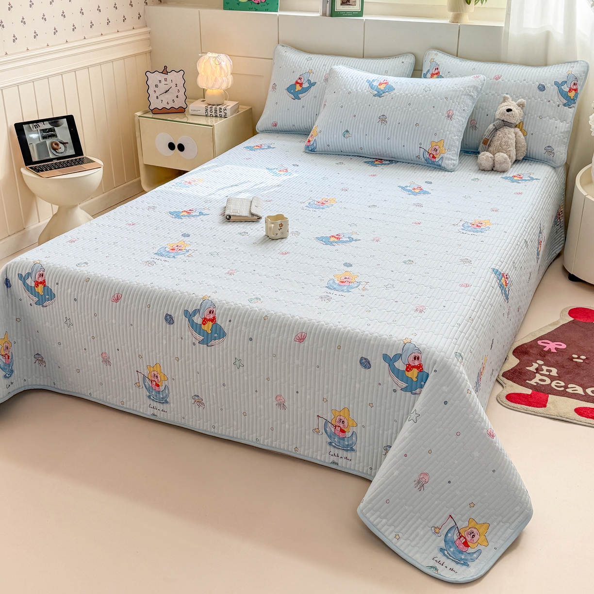 91家纺网 家纺一手货源 找家纺 康纳利 2026新款全棉床盖学生夹棉薄款床盖床垫三件套四季通用 萌小星