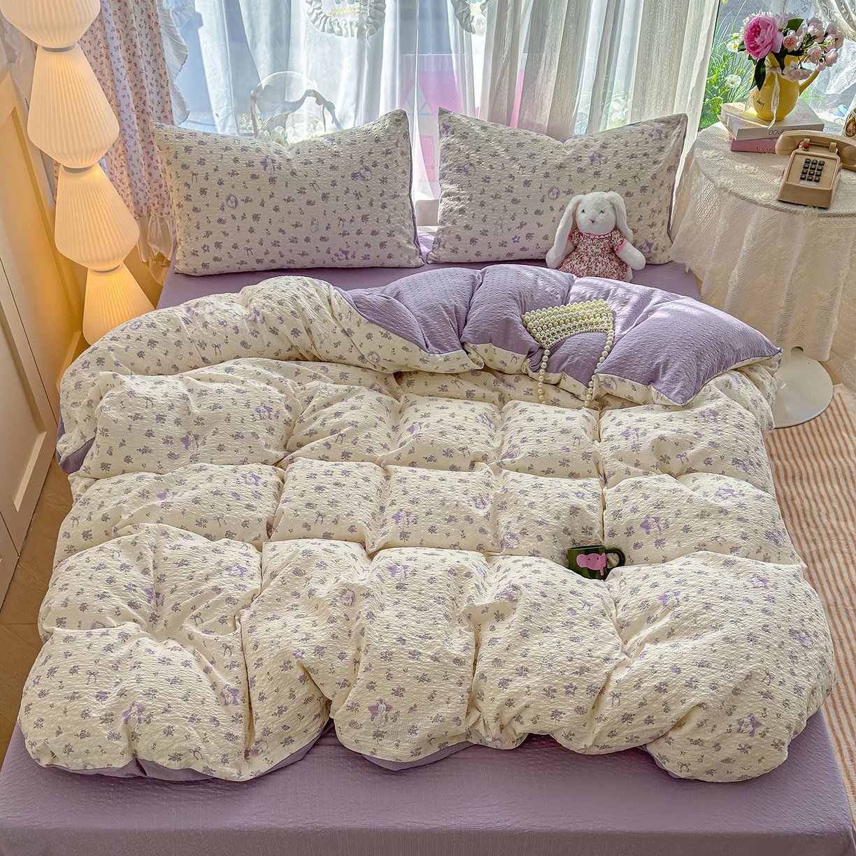 91家纺网 家纺一手货源 找家纺 铺尚美家纺 2026春夏新品高克重A类泡芙纱泡泡皱皱纱四件套 紫色花园