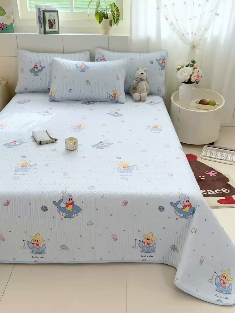 91家纺网 家纺一手货源 找家纺 康纳利 2026新款全棉床盖学生夹棉薄款床盖床垫三件套四季通用 萌小星