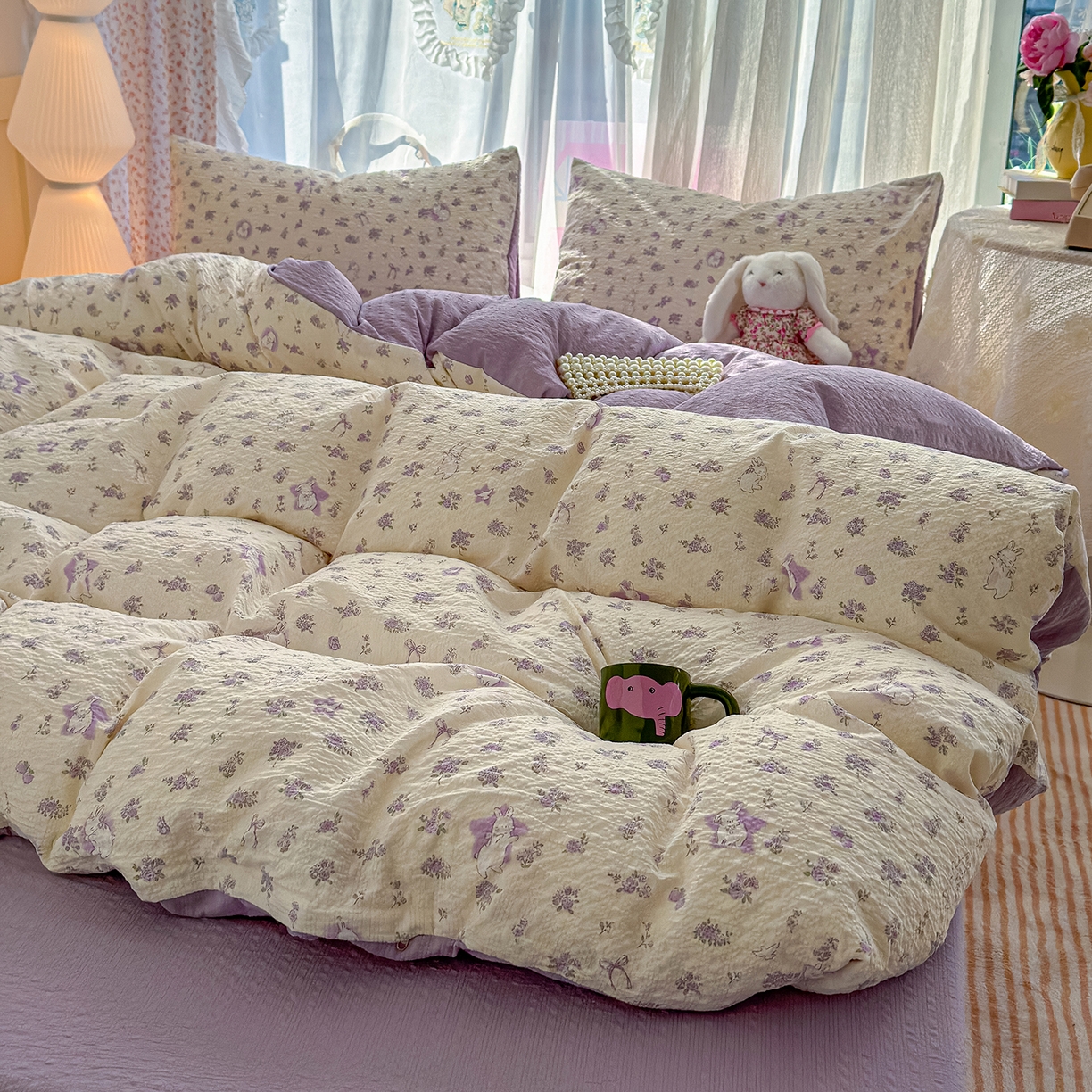 91家纺网 家纺一手货源 找家纺 铺尚美家纺 2026春夏新品高克重A类泡芙纱泡泡皱皱纱四件套 紫色花园