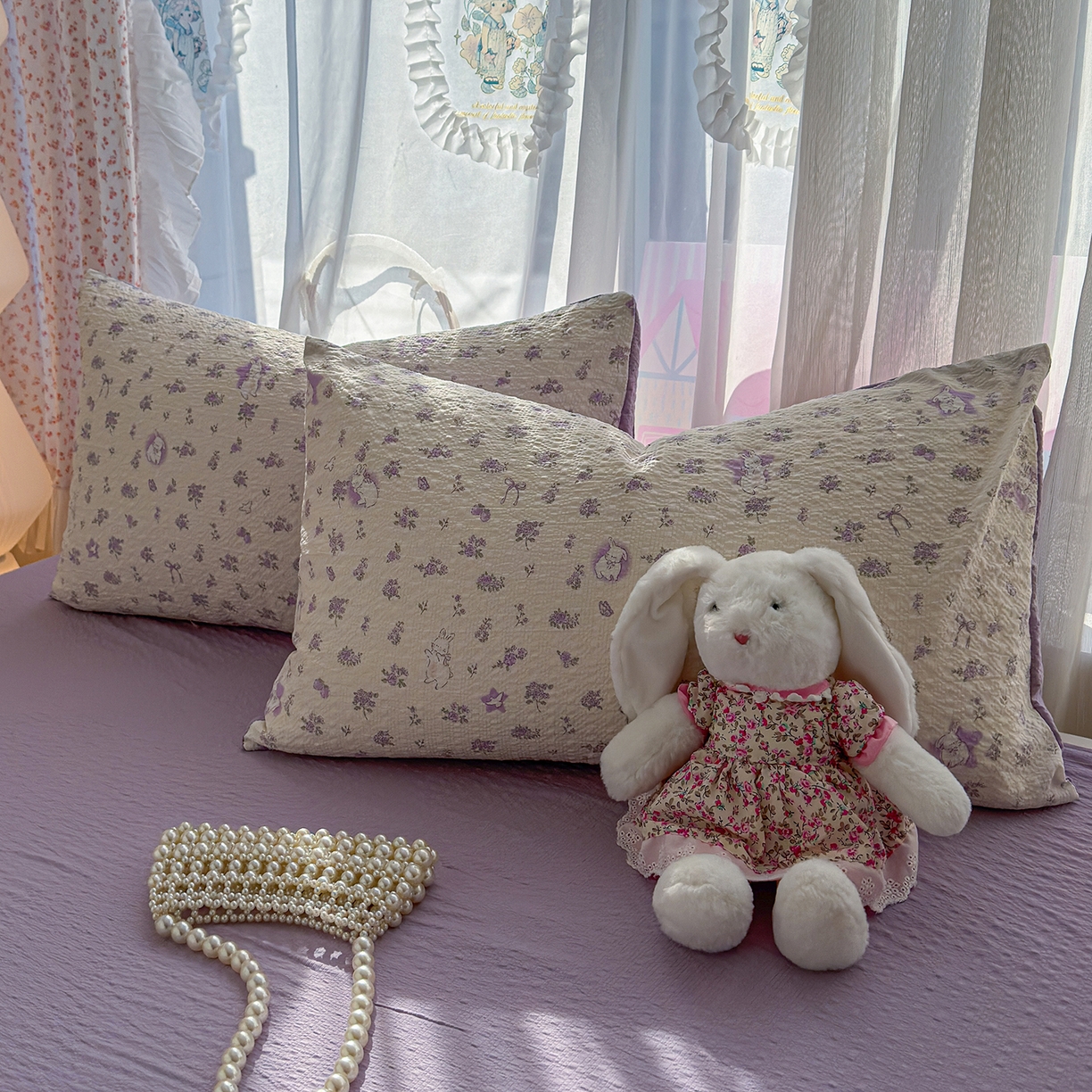 91家纺网 家纺一手货源 找家纺 铺尚美家纺 2026春夏新品高克重A类泡芙纱泡泡皱皱纱四件套 紫色花园