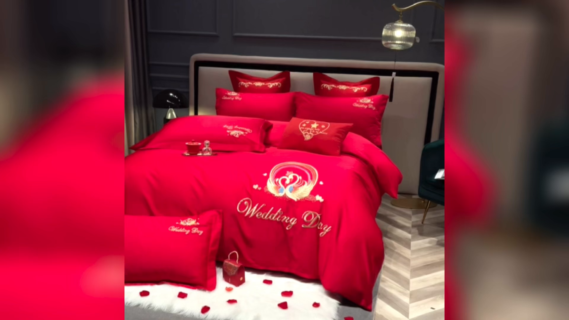 91家纺网 家纺一手货源 找家纺 （总）慕她家纺 2026年磨毛亲肤棉婚庆四件套大红色刺绣结床上用品