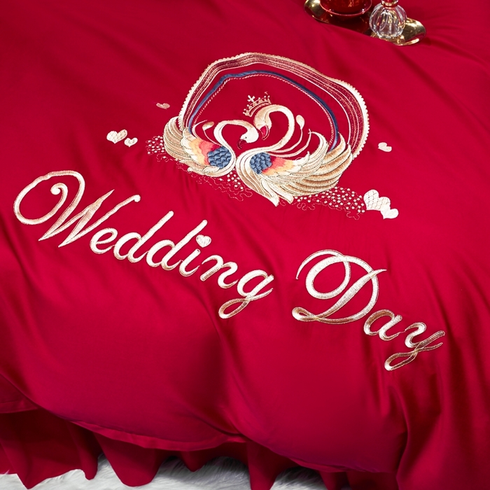 91家纺网 家纺一手货源 找家纺 （总）慕她家纺 2026年磨毛亲肤棉婚庆四件套大红色刺绣结床上用品