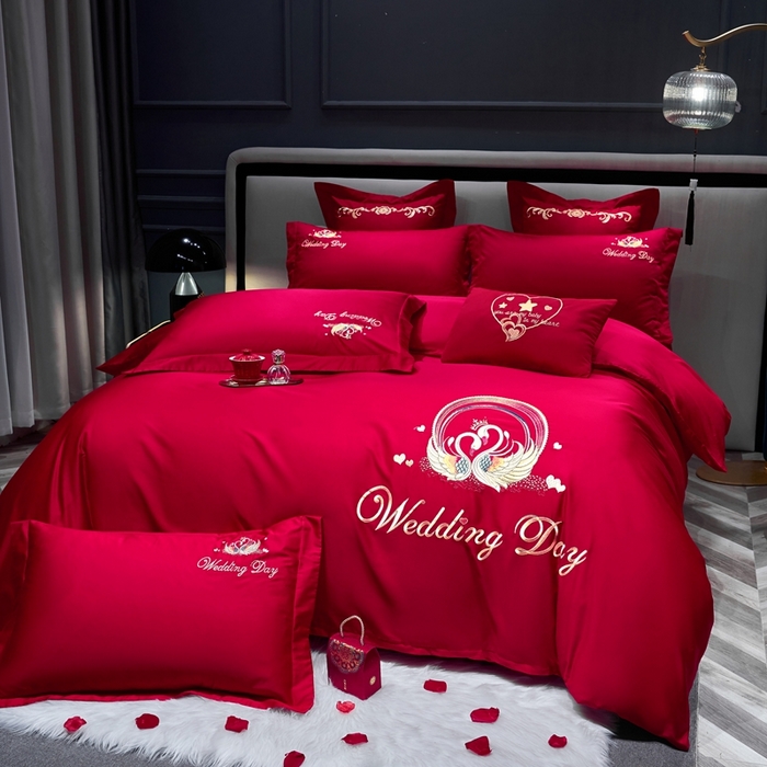 91家纺网 家纺一手货源 找家纺 （总）慕她家纺 2026年磨毛亲肤棉婚庆四件套大红色刺绣结床上用品