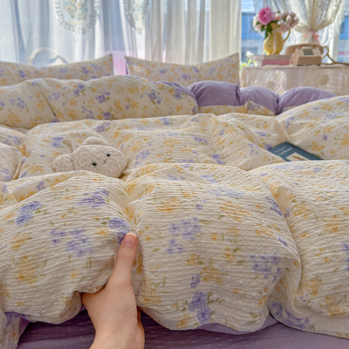 91家纺网 家纺一手货源 找家纺 铺尚美家纺 2026春夏新品高克重A类泡芙纱泡泡皱皱纱四件套 紫萱花开