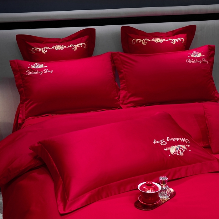 91家纺网 家纺一手货源 找家纺 （总）慕她家纺 2026年磨毛亲肤棉婚庆四件套大红色刺绣结床上用品