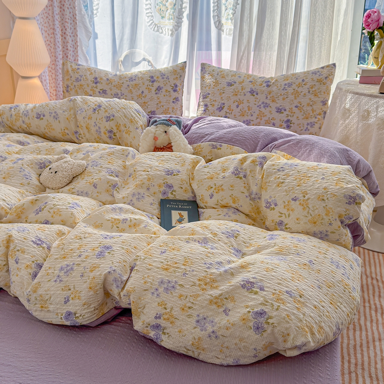 91家纺网 家纺一手货源 找家纺 铺尚美家纺 2026春夏新品高克重A类泡芙纱泡泡皱皱纱四件套 紫萱花开