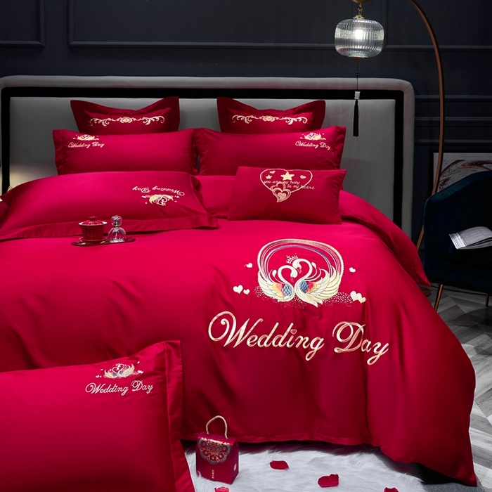 91家纺网 家纺一手货源 找家纺 （总）慕她家纺 2026年磨毛亲肤棉婚庆四件套大红色刺绣结床上用品