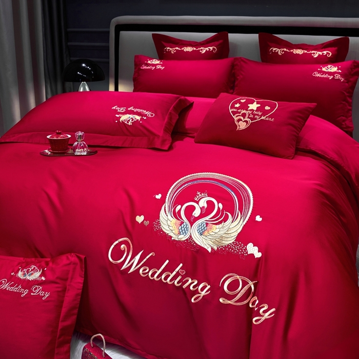 91家纺网 家纺一手货源 找家纺 （总）慕她家纺 2026年磨毛亲肤棉婚庆四件套大红色刺绣结床上用品