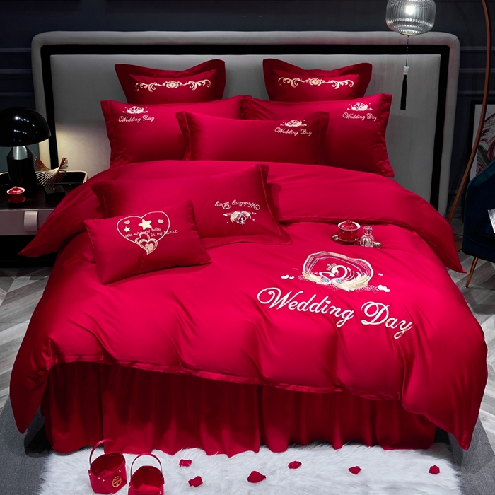 91家纺网 家纺一手货源 找家纺 （总）慕她家纺 2026年磨毛亲肤棉婚庆四件套大红色刺绣结床上用品