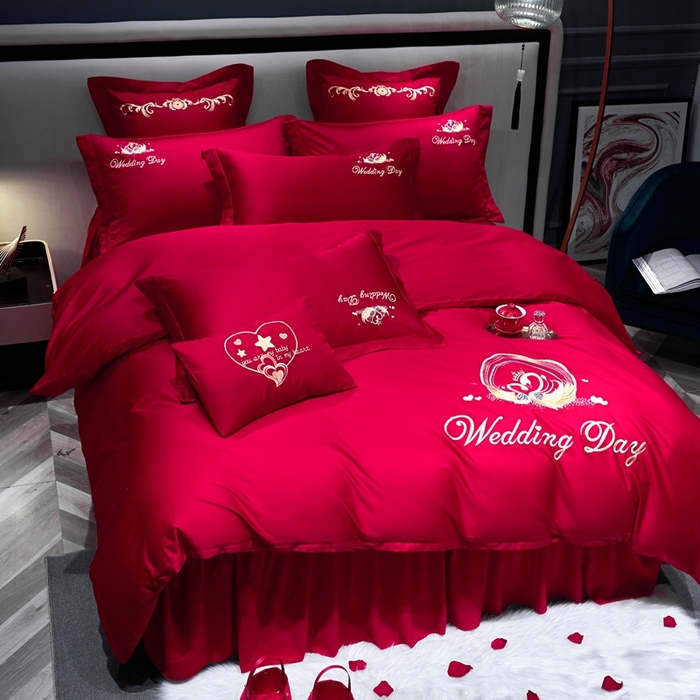 91家纺网 家纺一手货源 找家纺 （总）慕她家纺 2026年磨毛亲肤棉婚庆四件套大红色刺绣结床上用品