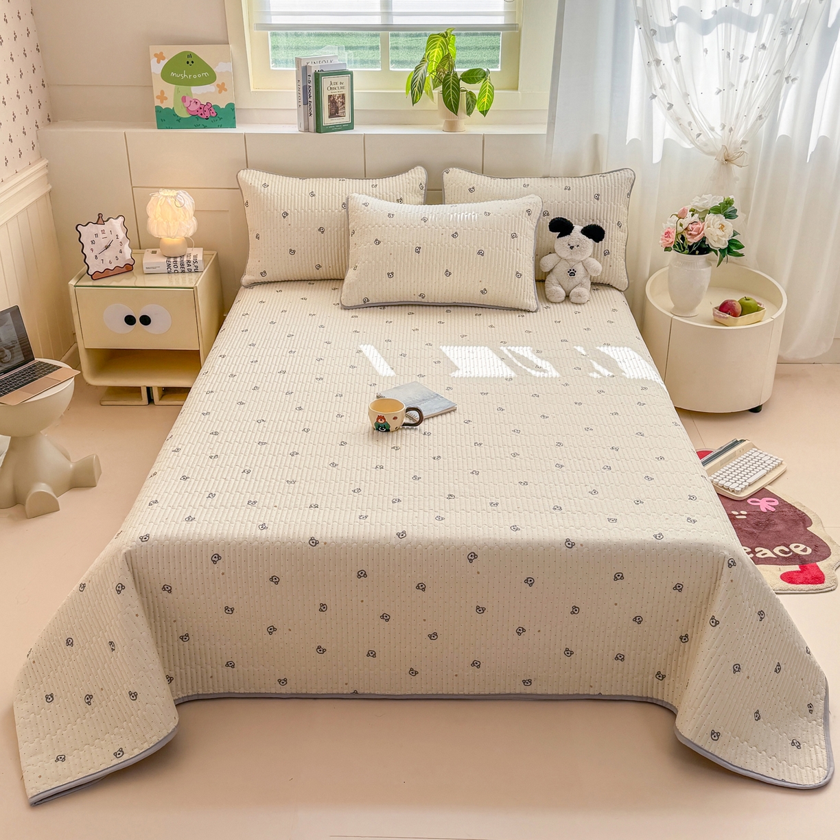 91家纺网 家纺一手货源 找家纺 康纳利 2026新款全棉床盖学生夹棉薄款床盖床垫三件套四季通用 熊仔