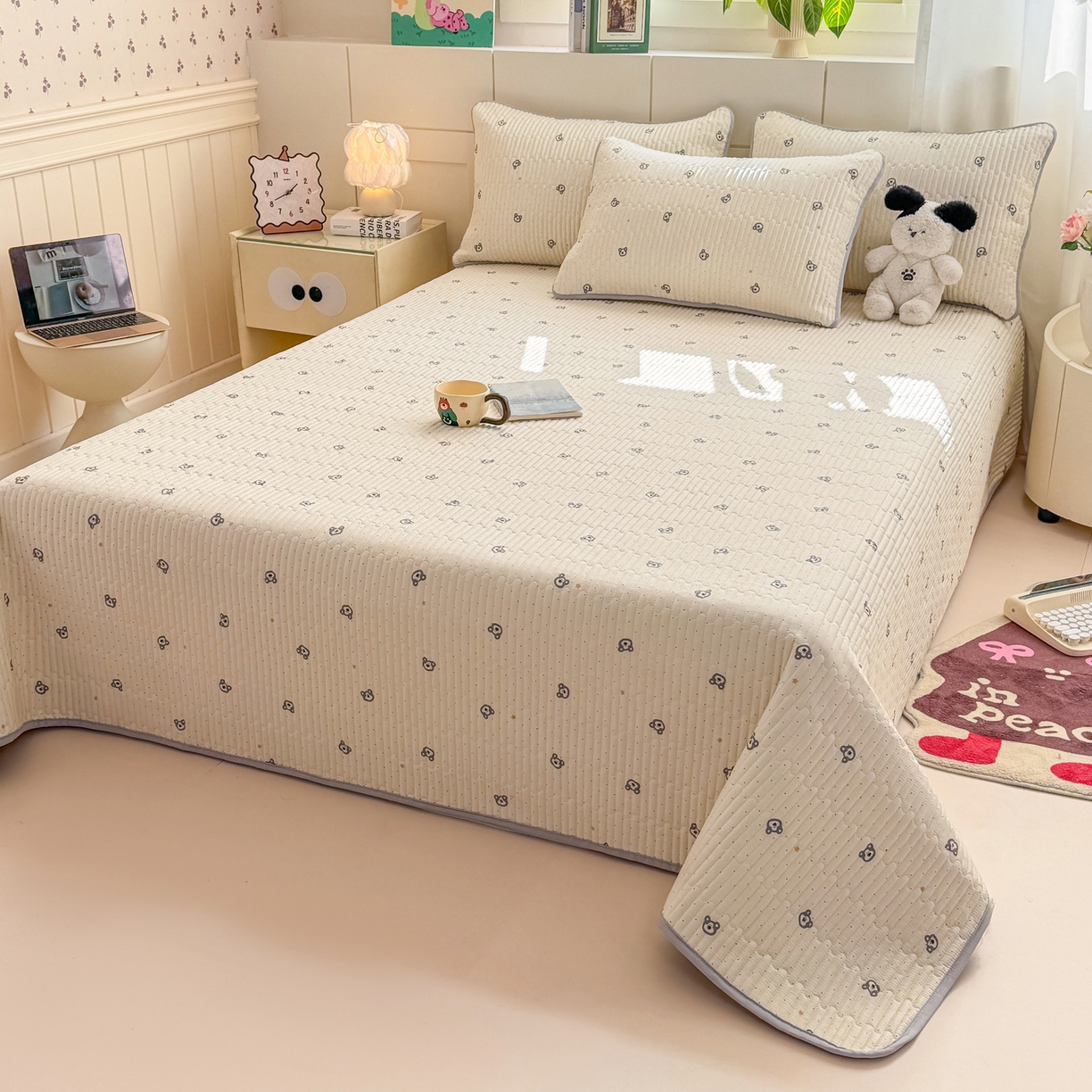 91家纺网 家纺一手货源 找家纺 康纳利 2026新款全棉床盖学生夹棉薄款床盖床垫三件套四季通用 熊仔