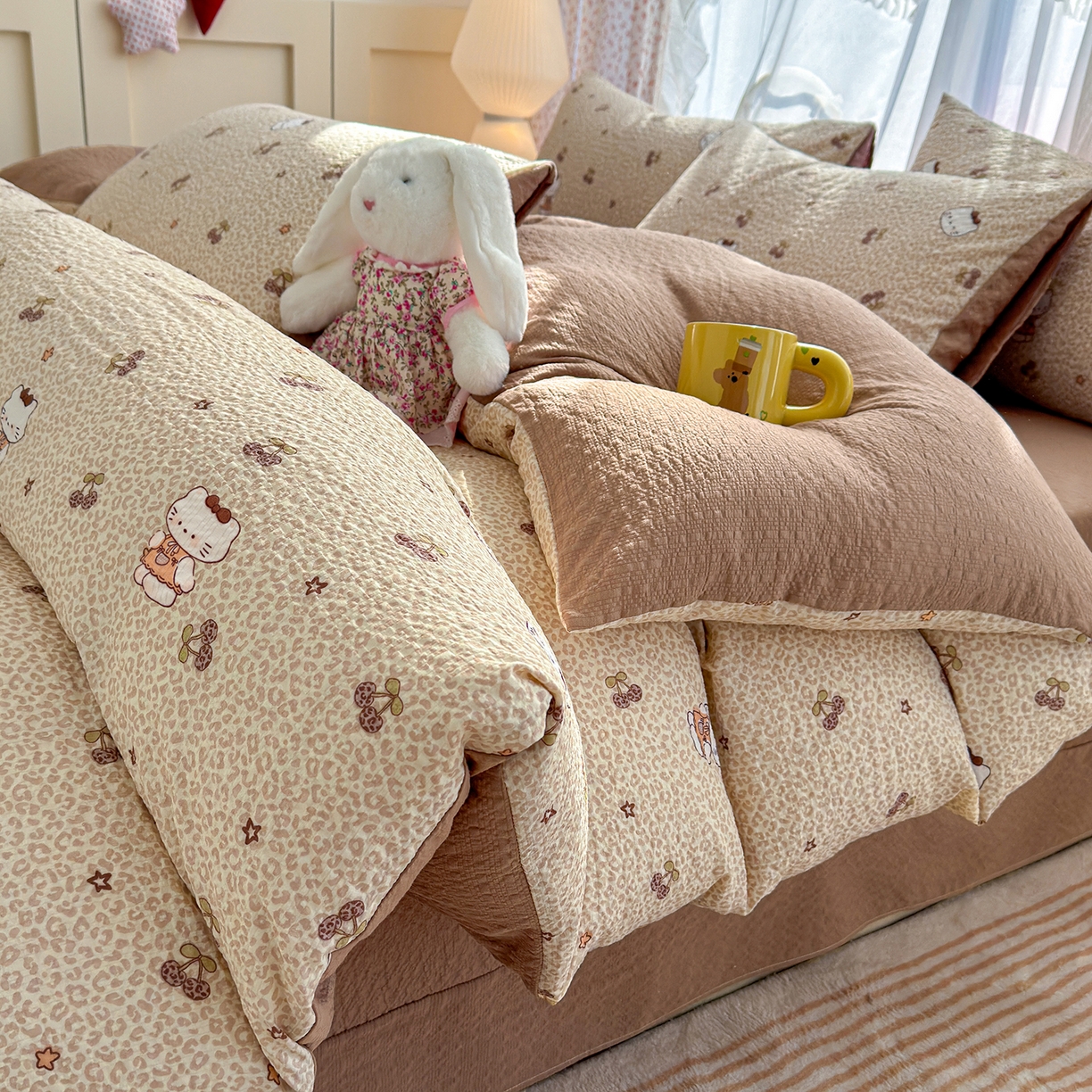 铺尚美家纺 2026春夏新品高克重A类泡芙纱泡泡皱皱纱四件套 豹纹KT猫