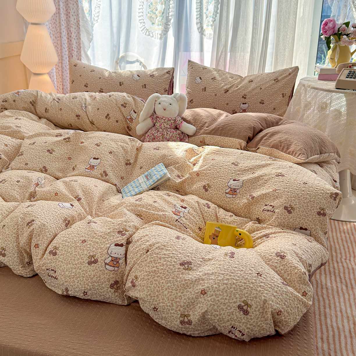 91家纺网 家纺一手货源 找家纺 铺尚美家纺 2026春夏新品高克重A类泡芙纱泡泡皱皱纱四件套 豹纹KT猫