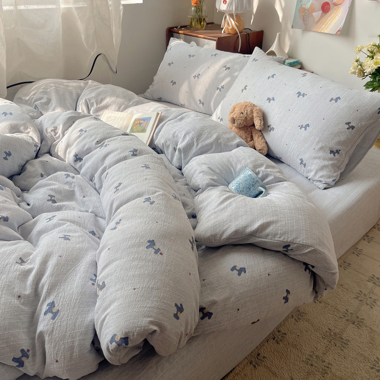 91家纺网 家纺一手货源 找家纺 凯洛奇 2026新款色织麻水洗提花四件套-提供买家秀 蓝笺驹影