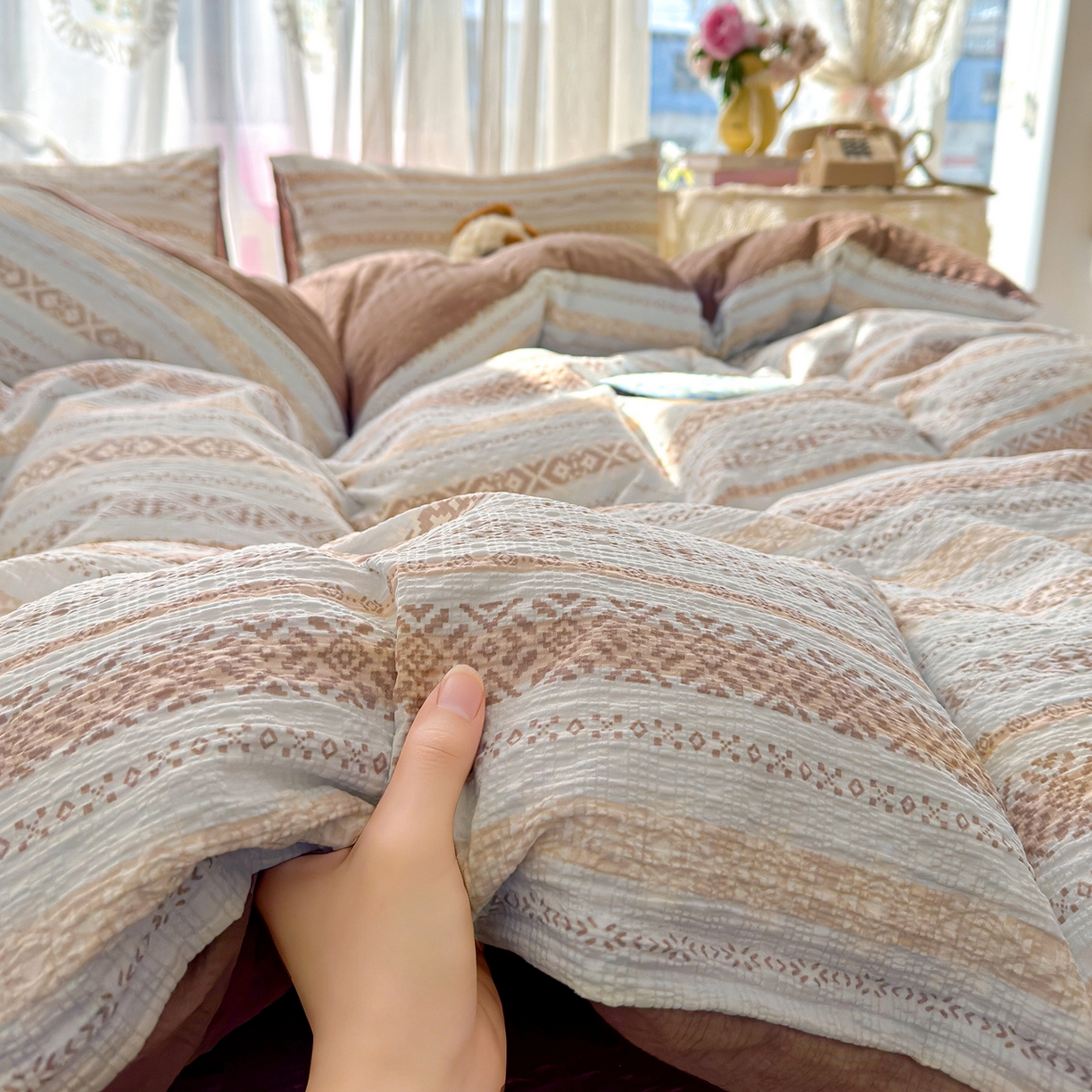 91家纺网 家纺一手货源 找家纺 铺尚美家纺 2026春夏新品高克重A类泡芙纱泡泡皱皱纱四件套 波西米亚蓝