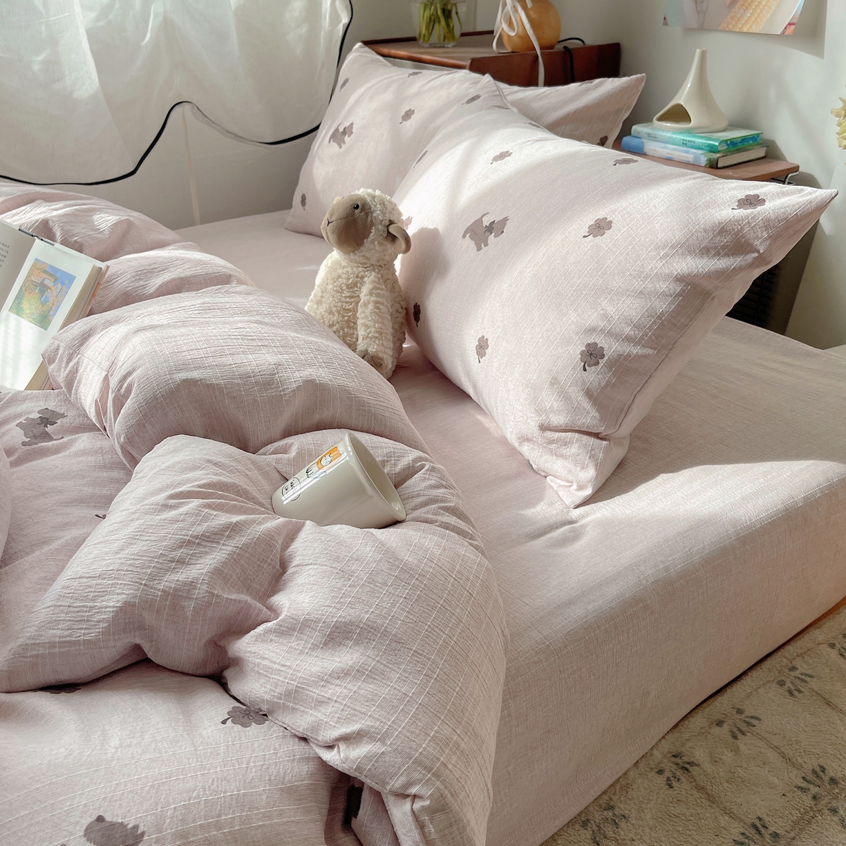 91家纺网 家纺一手货源 找家纺 凯洛奇 2026新款色织麻水洗提花四件套-提供买家秀 粉笺草影