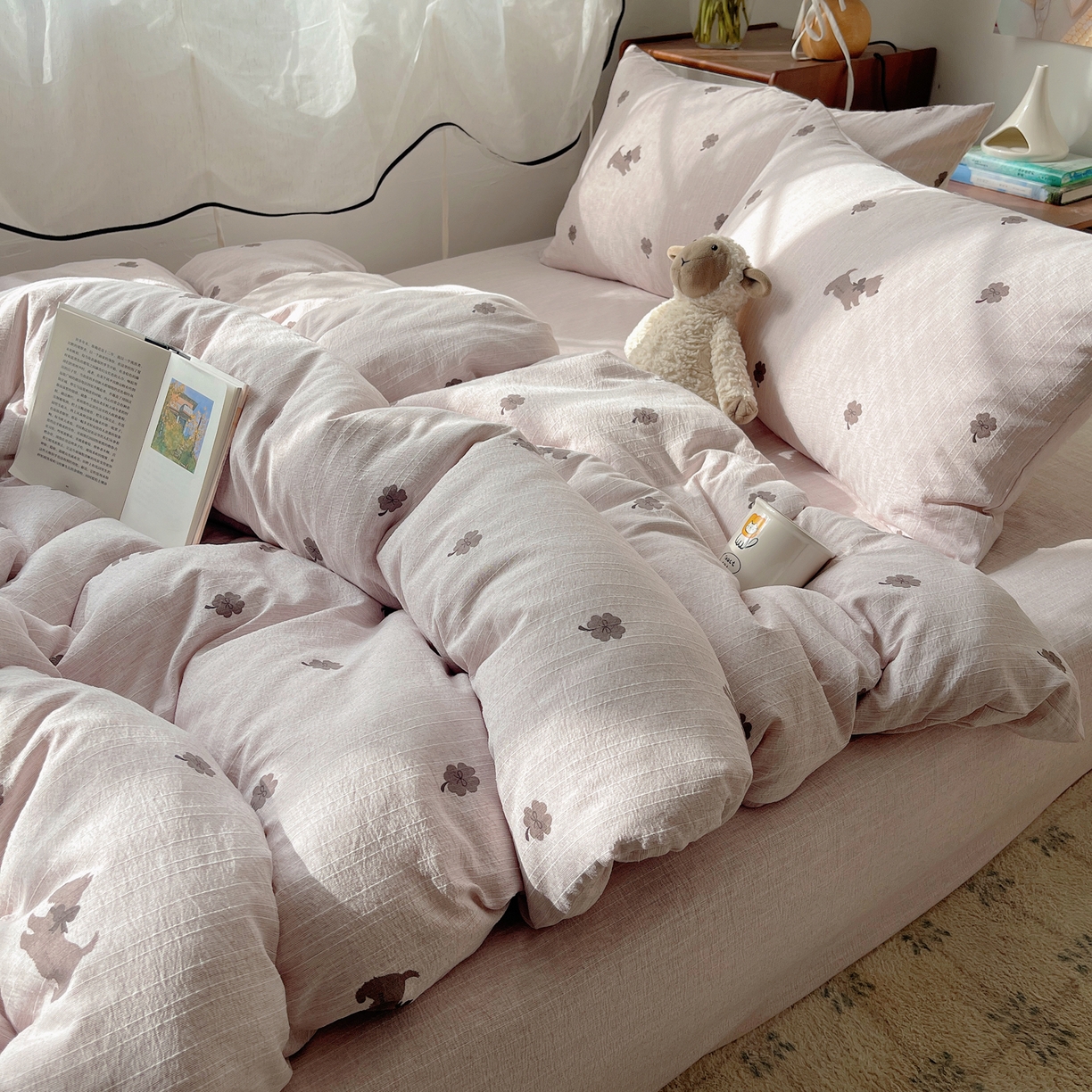 91家纺网 家纺一手货源 找家纺 凯洛奇 2026新款色织麻水洗提花四件套-提供买家秀 粉笺草影