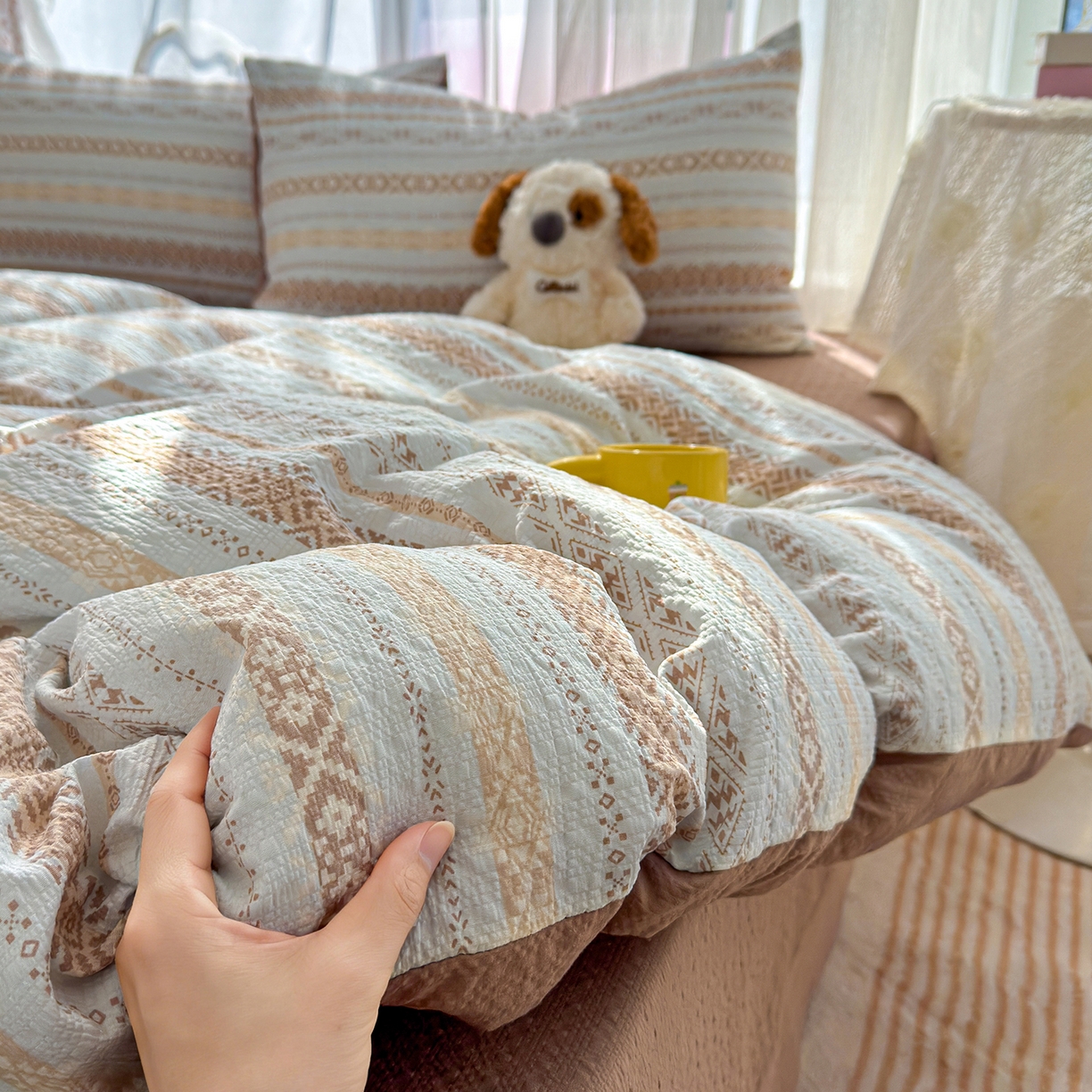 91家纺网 家纺一手货源 找家纺 铺尚美家纺 2026春夏新品高克重A类泡芙纱泡泡皱皱纱四件套 波西米亚蓝