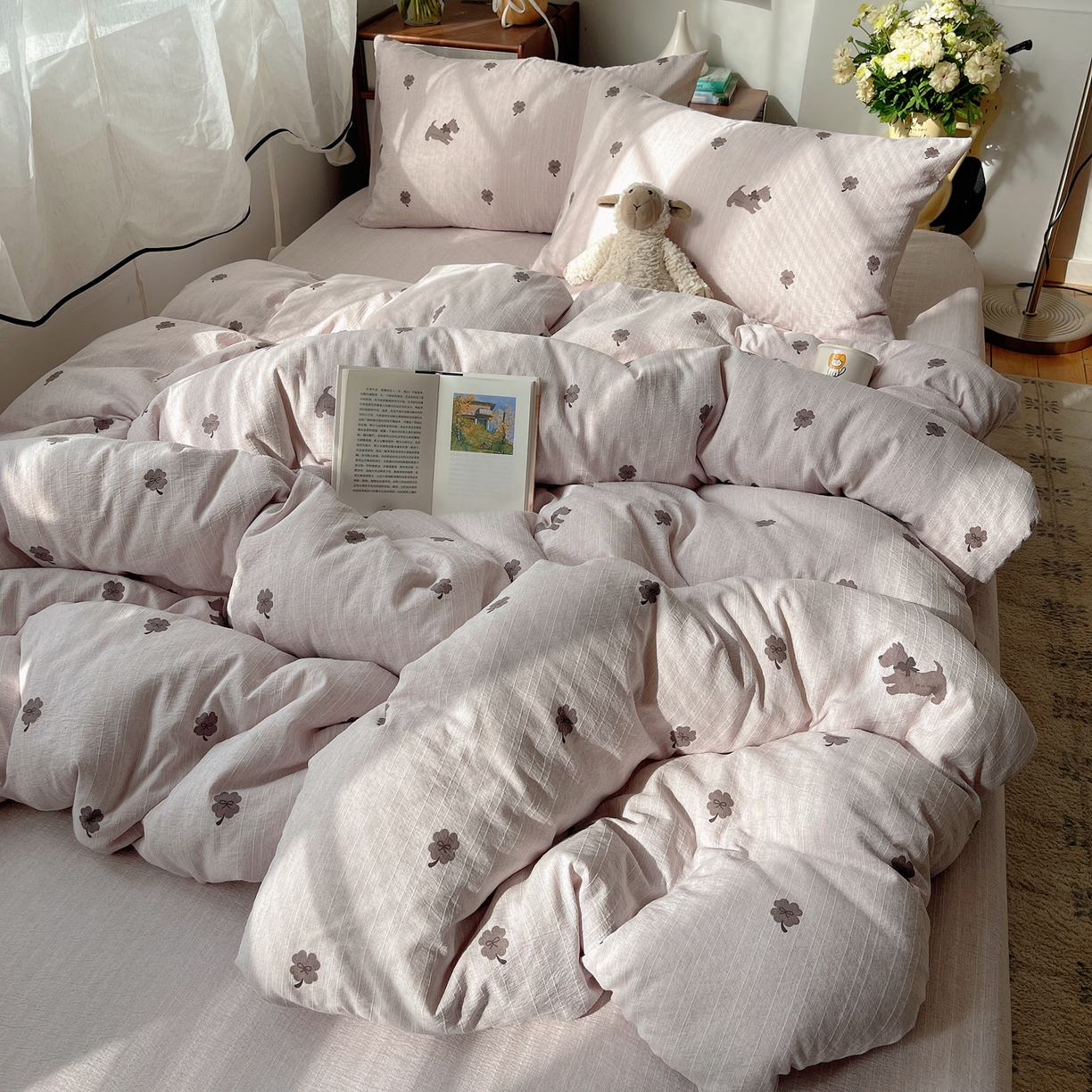 91家纺网 家纺一手货源 找家纺 凯洛奇 2026新款色织麻水洗提花四件套-提供买家秀 粉笺草影