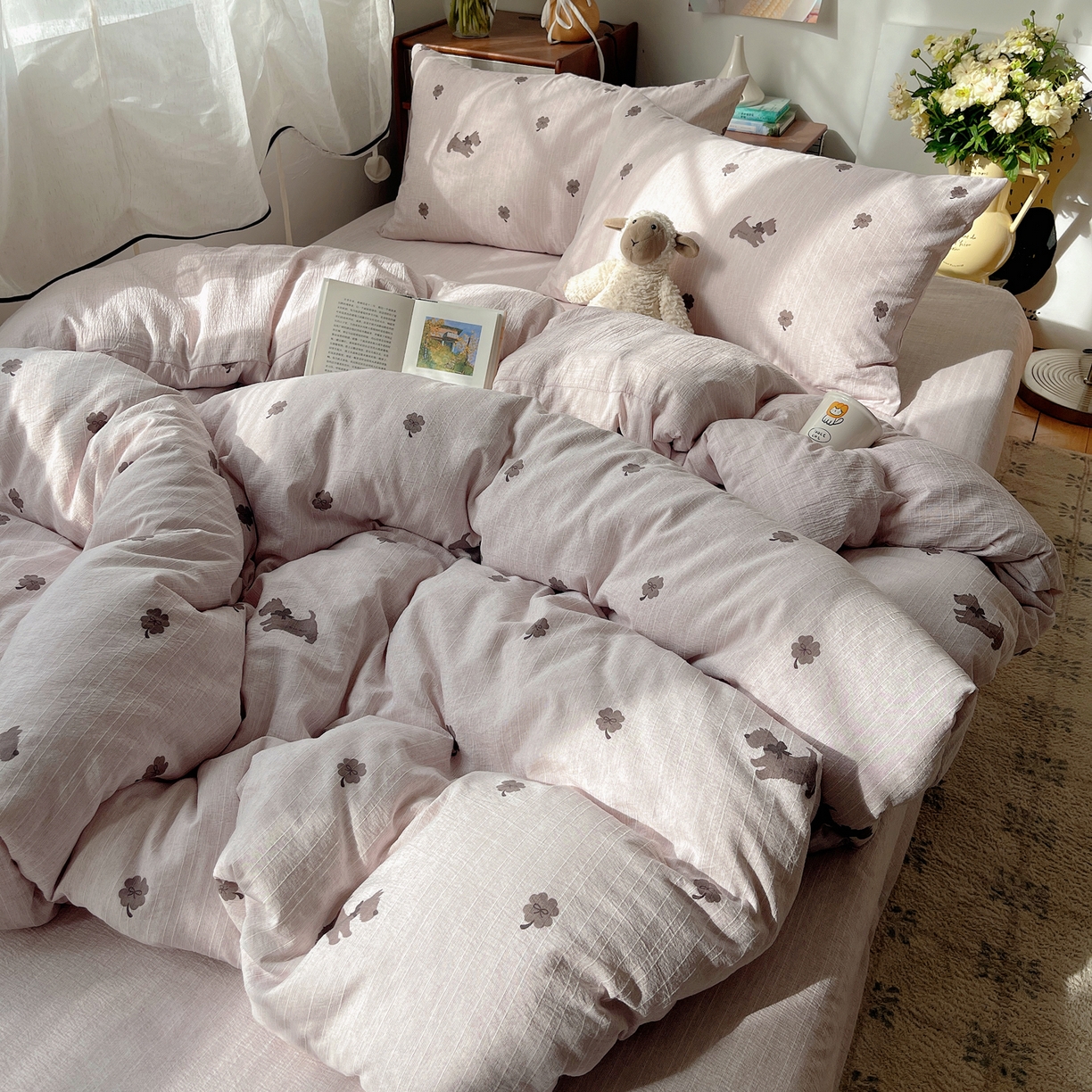 91家纺网 家纺一手货源 找家纺 凯洛奇 2026新款色织麻水洗提花四件套-提供买家秀 粉笺草影