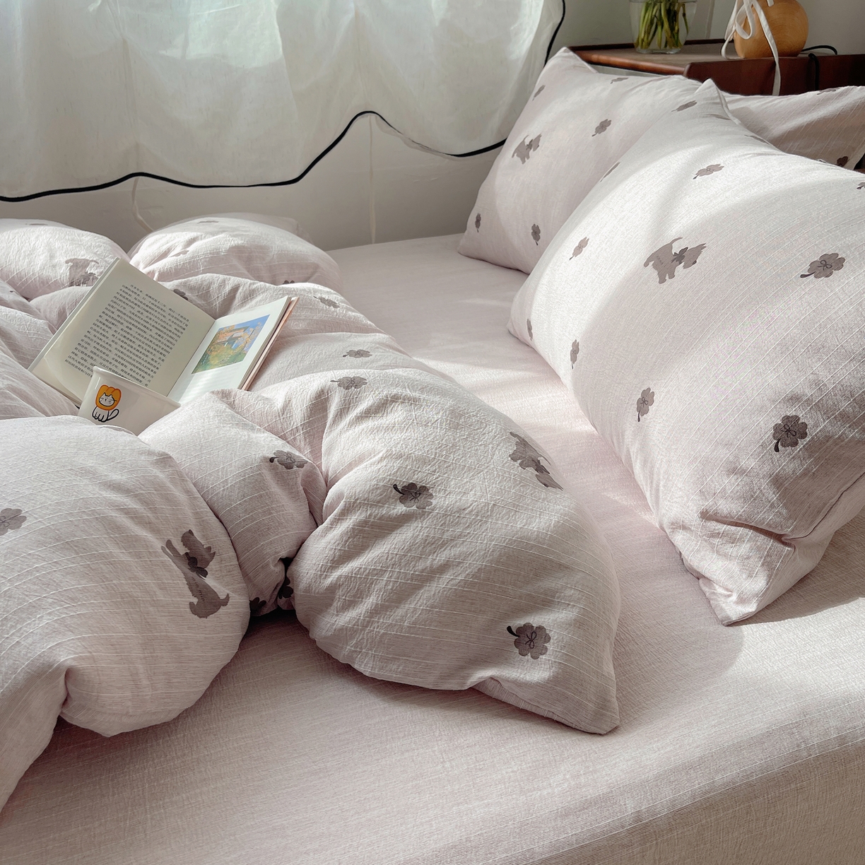 91家纺网 家纺一手货源 找家纺 凯洛奇 2026新款色织麻水洗提花四件套-提供买家秀 粉笺草影