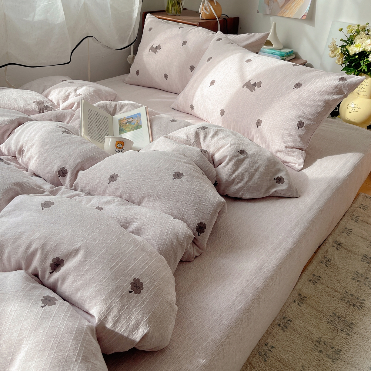 91家纺网 家纺一手货源 找家纺 凯洛奇 2026新款色织麻水洗提花四件套-提供买家秀 粉笺草影