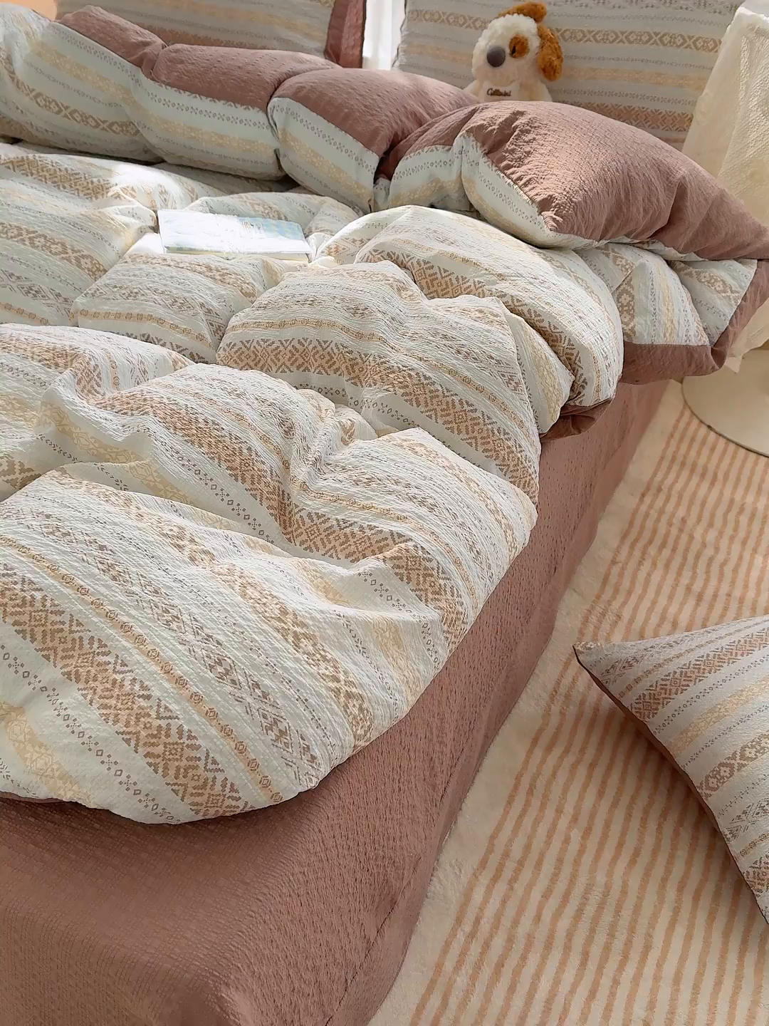 91家纺网 家纺一手货源 找家纺 铺尚美家纺 2026春夏新品高克重A类泡芙纱泡泡皱皱纱四件套 波西米亚蓝