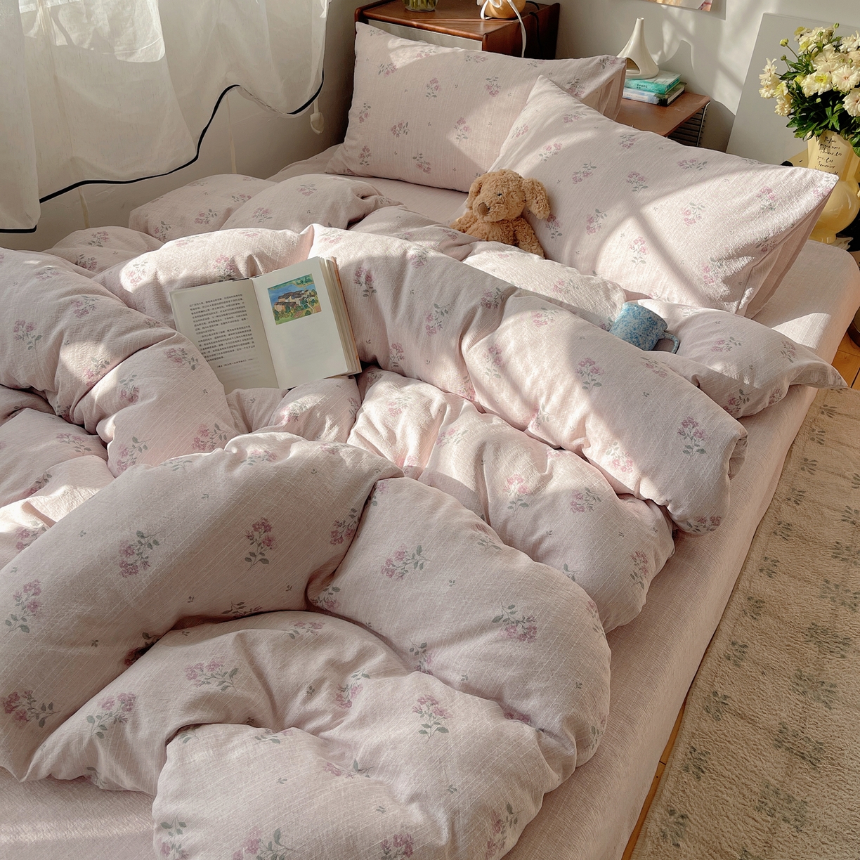 91家纺网 家纺一手货源 找家纺 凯洛奇 2026新款色织麻水洗提花四件套-提供买家秀 粉影草语