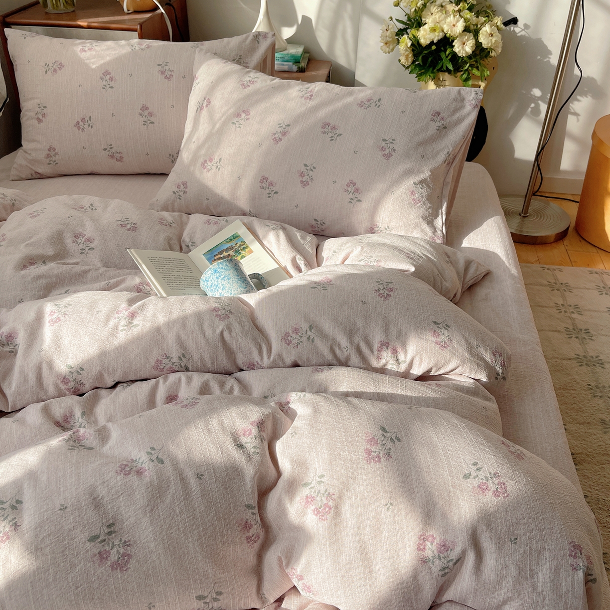 91家纺网 家纺一手货源 找家纺 凯洛奇 2026新款色织麻水洗提花四件套-提供买家秀 粉影草语