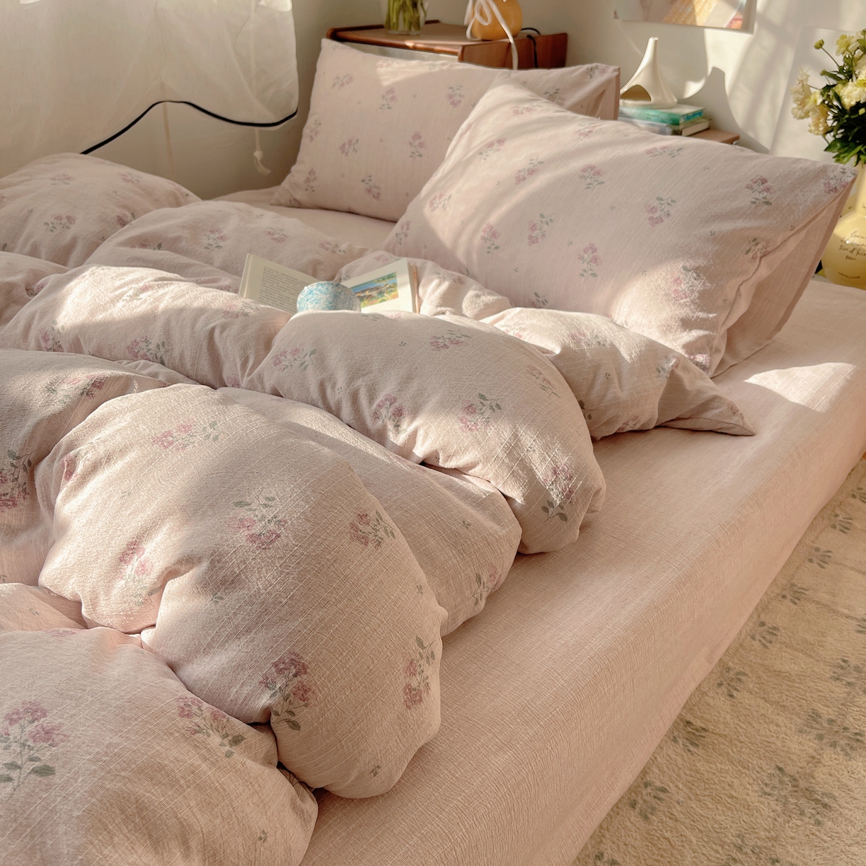 91家纺网 家纺一手货源 找家纺 凯洛奇 2026新款色织麻水洗提花四件套-提供买家秀 粉影草语