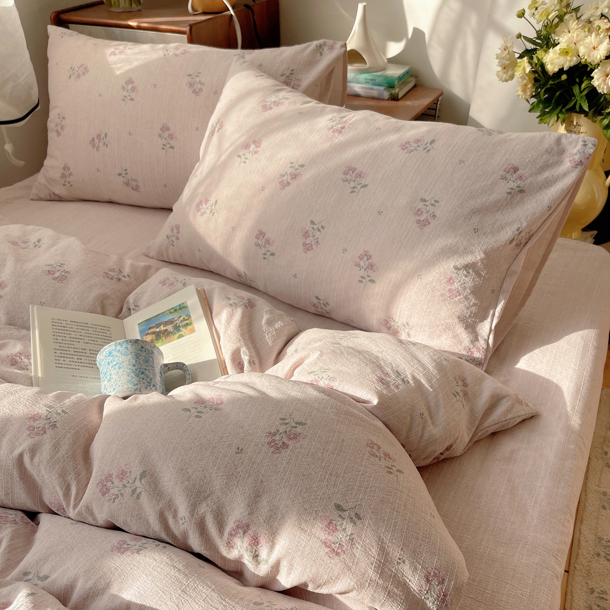 91家纺网 家纺一手货源 找家纺 凯洛奇 2026新款色织麻水洗提花四件套-提供买家秀 粉影草语