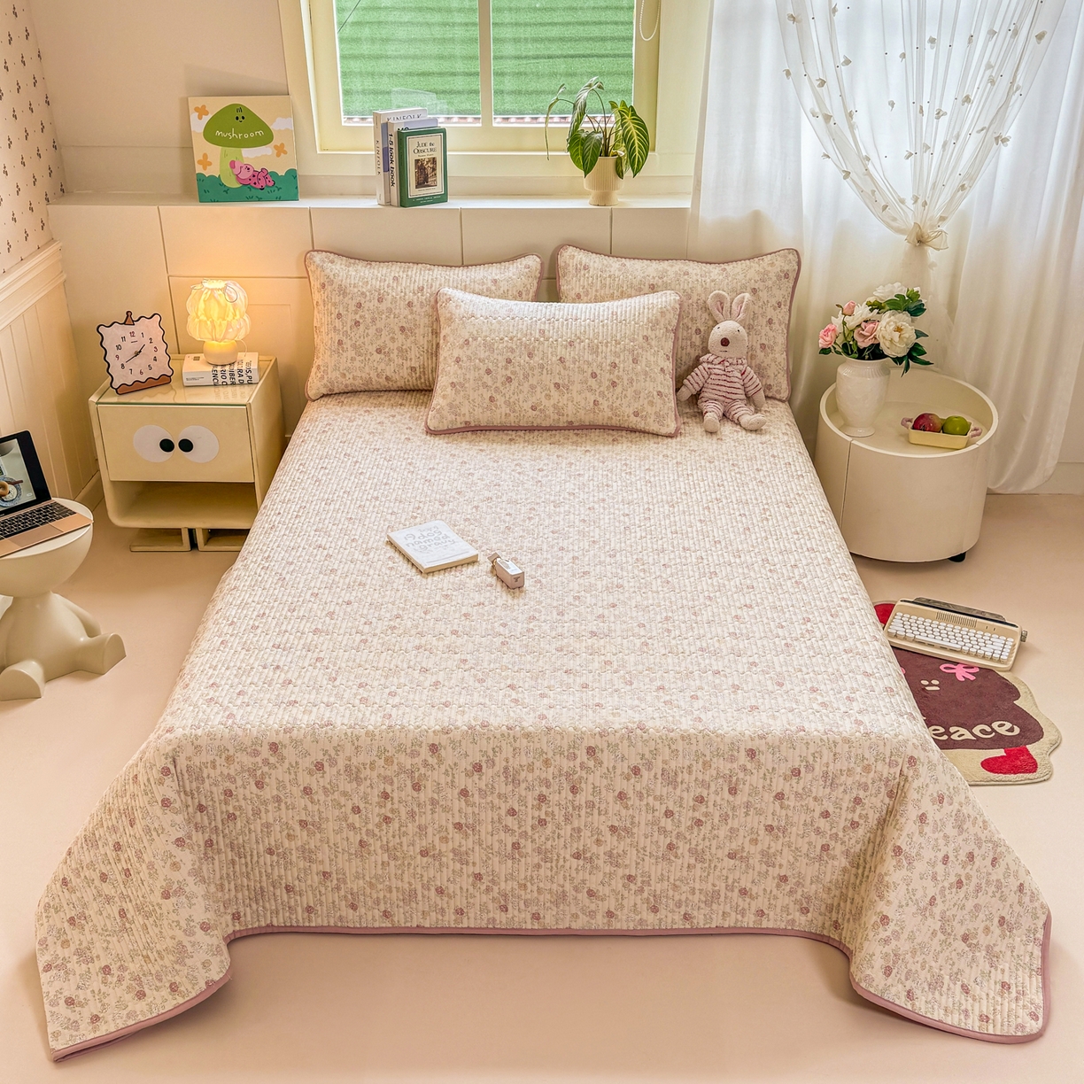 91家纺网 家纺一手货源 找家纺 康纳利 2026新款全棉床盖学生夹棉薄款床盖床垫三件套四季通用 月见