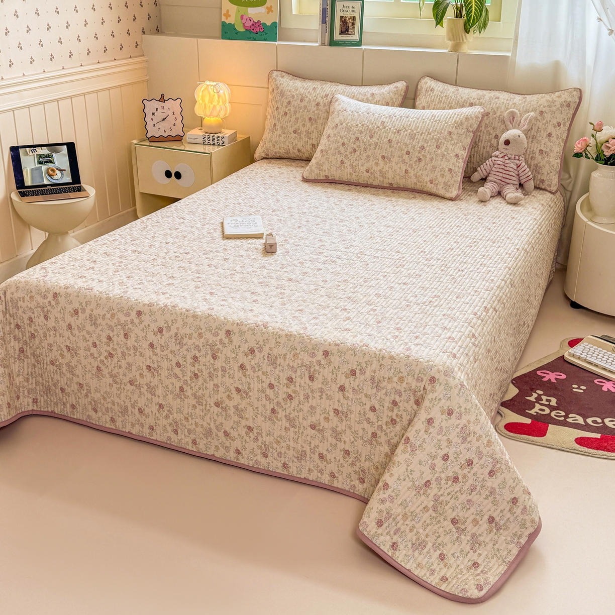 91家纺网 家纺一手货源 找家纺 康纳利 2026新款全棉床盖学生夹棉薄款床盖床垫三件套四季通用 月见