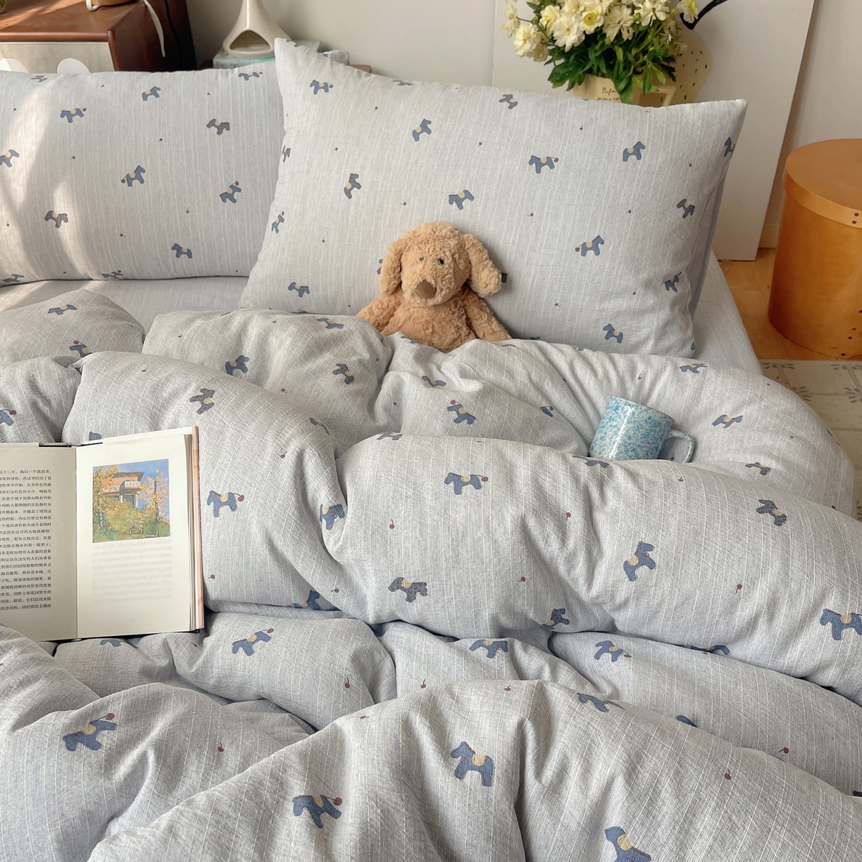 91家纺网 家纺一手货源 找家纺 凯洛奇 2026新款色织麻水洗提花四件套-提供买家秀 蓝笺驹影