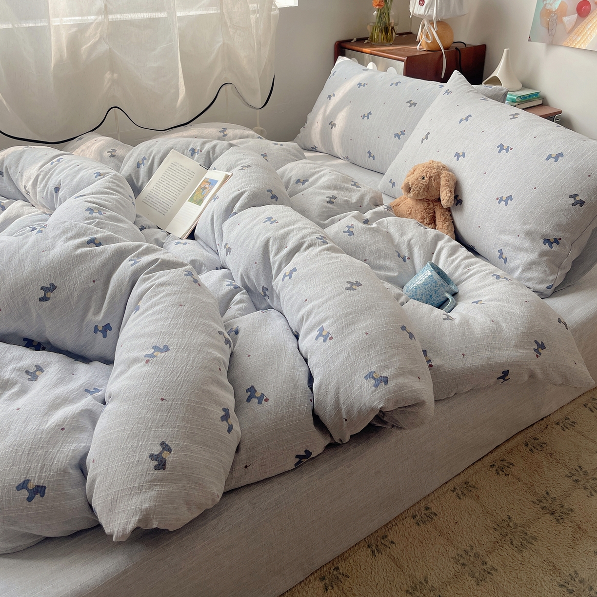 91家纺网 家纺一手货源 找家纺 凯洛奇 2026新款色织麻水洗提花四件套-提供买家秀 蓝笺驹影