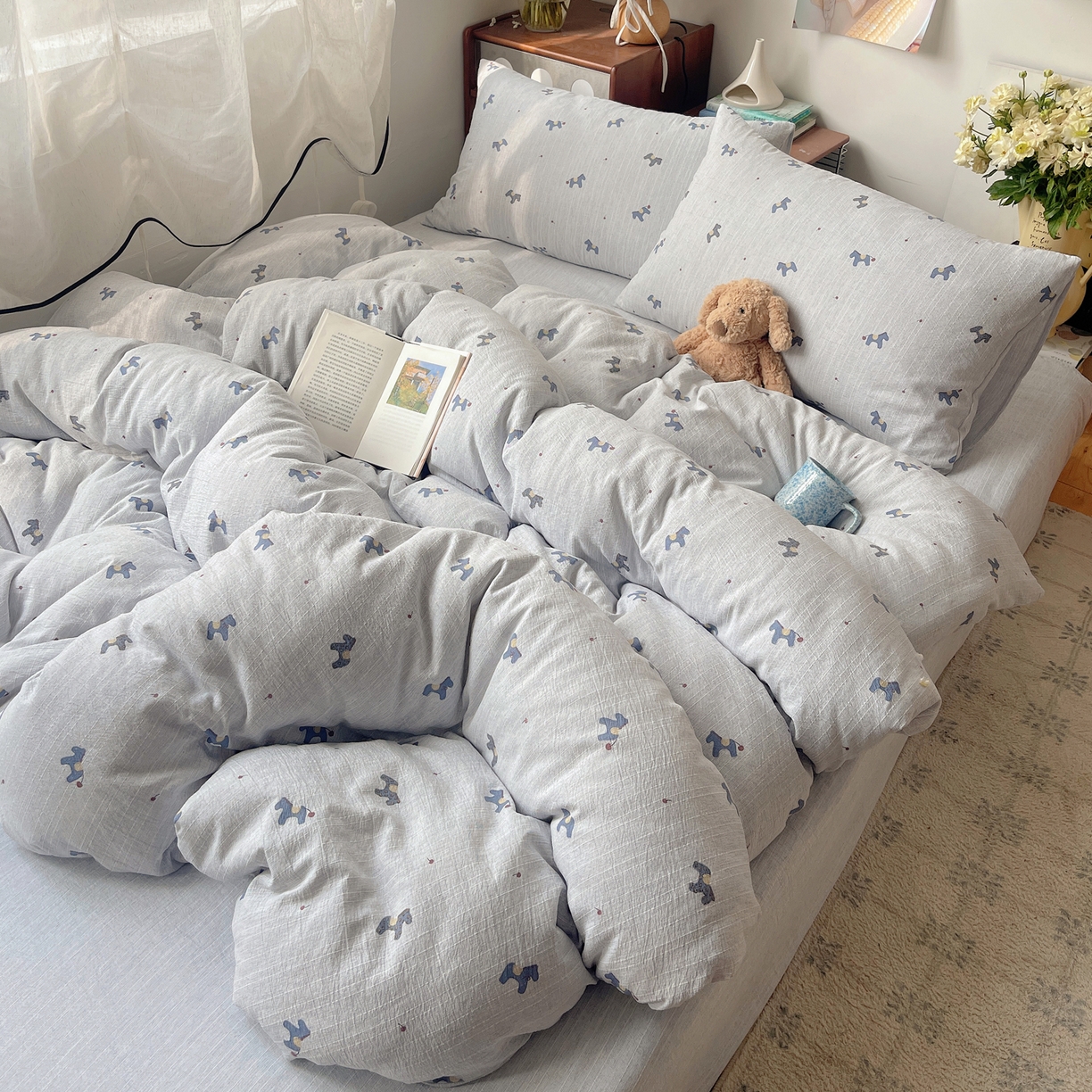 91家纺网 家纺一手货源 找家纺 凯洛奇 2026新款色织麻水洗提花四件套-提供买家秀 蓝笺驹影