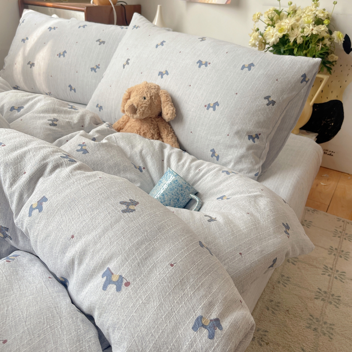 91家纺网 家纺一手货源 找家纺 凯洛奇 2026新款色织麻水洗提花四件套-提供买家秀 蓝笺驹影