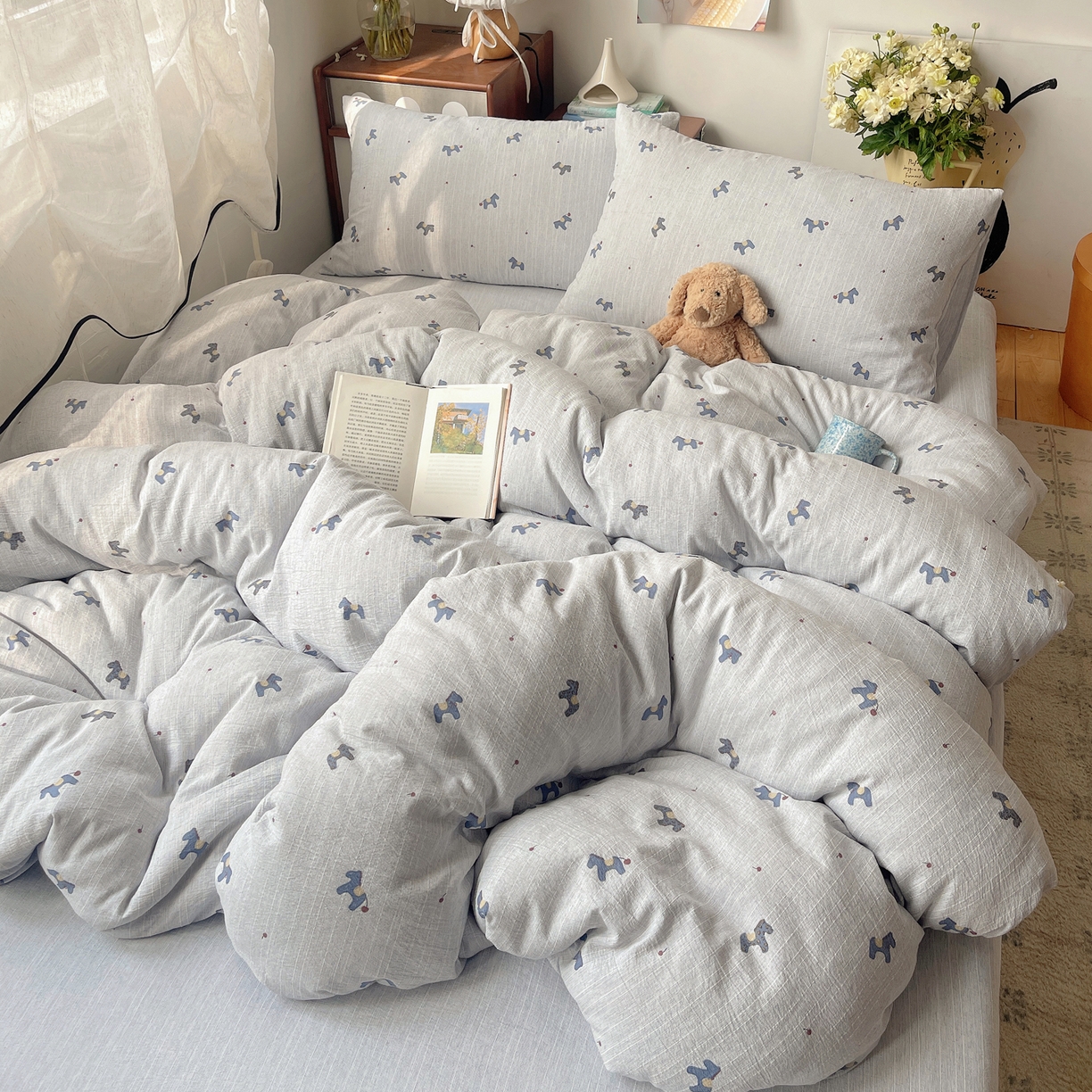 91家纺网 家纺一手货源 找家纺 凯洛奇 2026新款色织麻水洗提花四件套-提供买家秀 蓝笺驹影