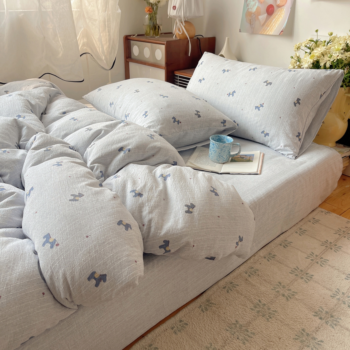 91家纺网 家纺一手货源 找家纺 凯洛奇 2026新款色织麻水洗提花四件套-提供买家秀 蓝笺驹影